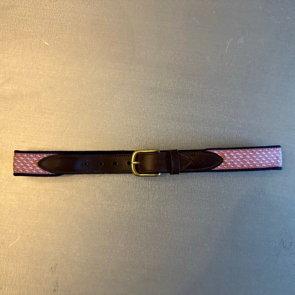 Vineyard Vines Size 26 Pink Whale Canvas Leather Belt Youth NWOT